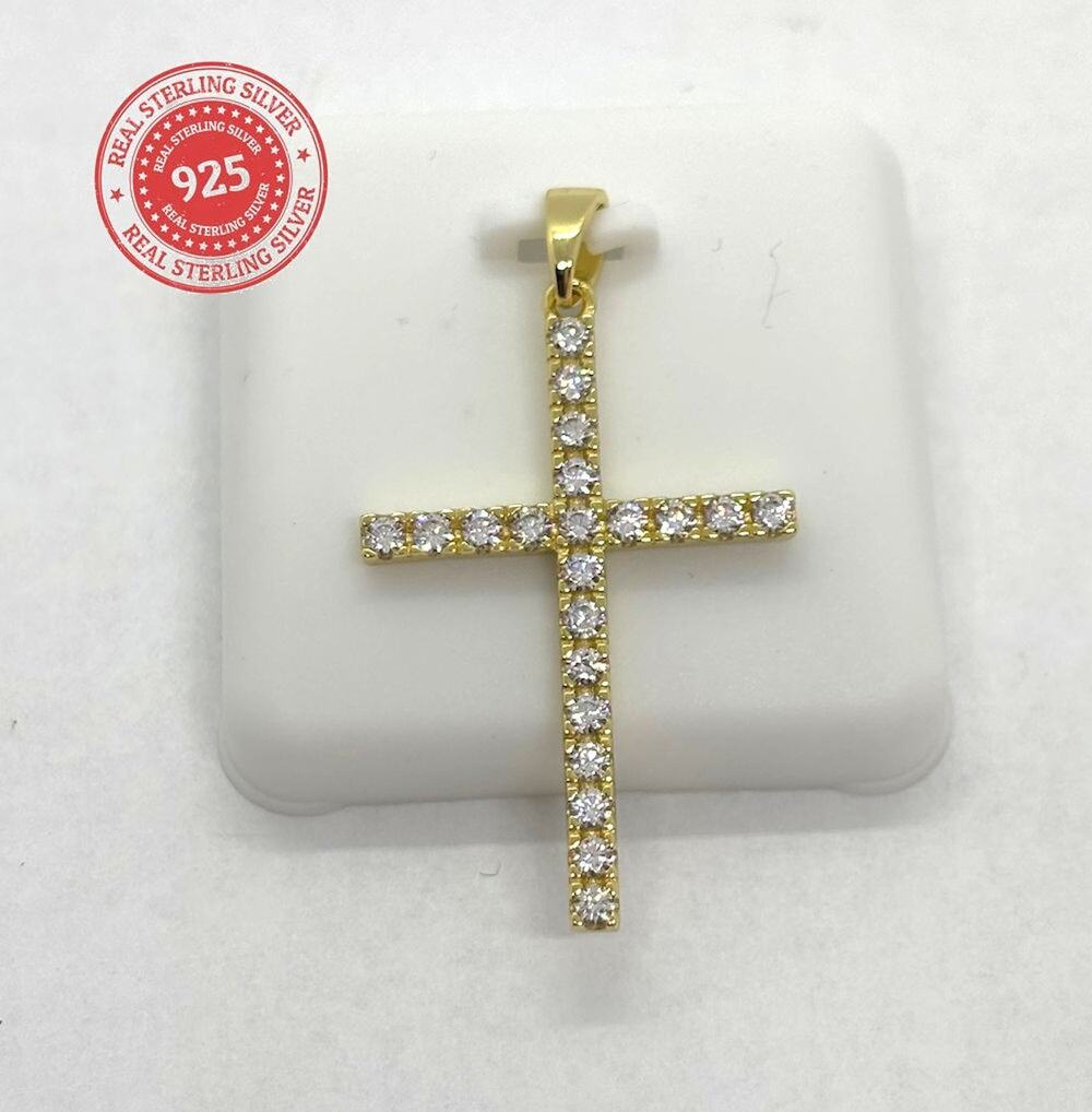 14K Gold over 925 Sterling Silver CZ Cross Pendant Necklace 38mm 1.5"